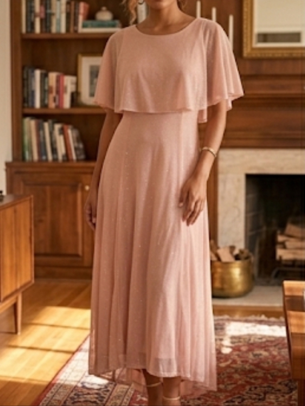 Blush Pink Sparkle Capelet Evening Dress